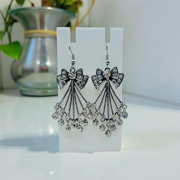 Jewelry - Chandelier Bow Rhinestone Statement Earrings in silver